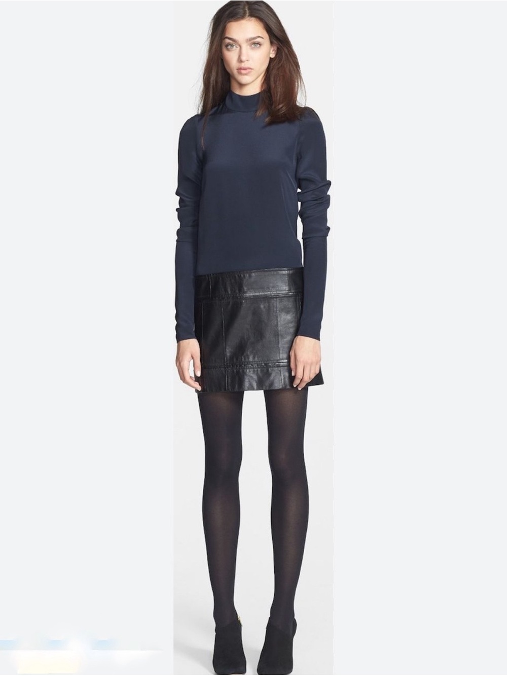 Theory Navy Blue Dress with Goat Leather Black Bottom Long Sleeves size 12
